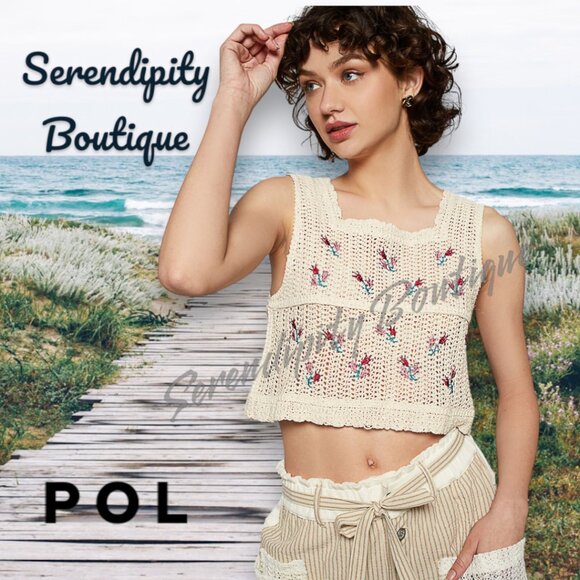 POL Natural Sand Crochet Embroidered Floral Boho Cotton Crop Tank Top - Picture 3 of 9